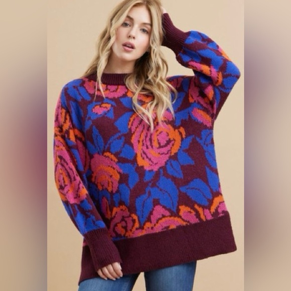 JODIFL Sweaters - NWT JODIFL Magenta Purple Floral Mock Neck Bubble Sleeve Knit Sweater Size Med